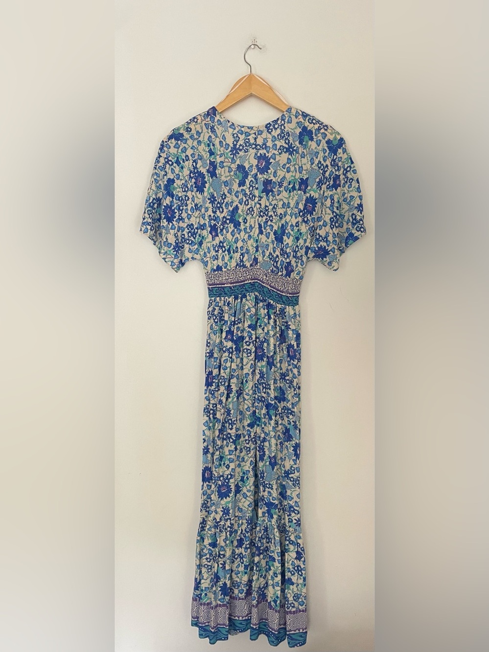 Zara Blue Floral Boho Midi Dress Empire Waist Short Sleeve - Picture 7 of 7